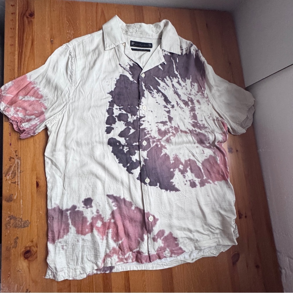 All saints tie dye relaxed fit short sleeve button down mens shirt size small